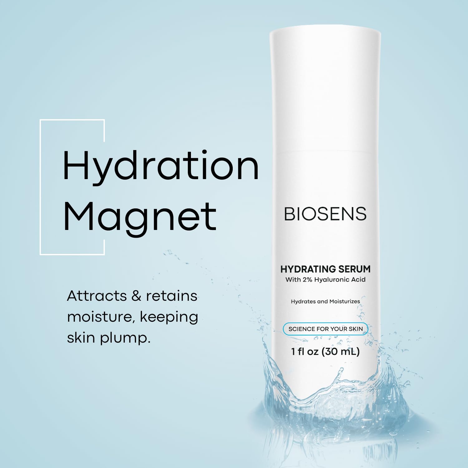 BIOSENS Hyaluronic Acid Serum, Hyaluronic Acid 2%, Face Moisturizer, Reduces Wrinkles, Repairs Skin Barrier, Improves Skin Elasticity. Airless Pump 1 fl oz